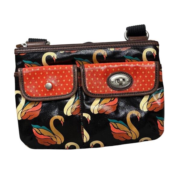 Fossil Key-Per Coated Canvas Swan Crossbody Bag Purse Boho Colorful Artsy Unique - Picture 3 of 11